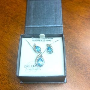 Blue topaz 10kt gold and sterling silver necklace and earring set